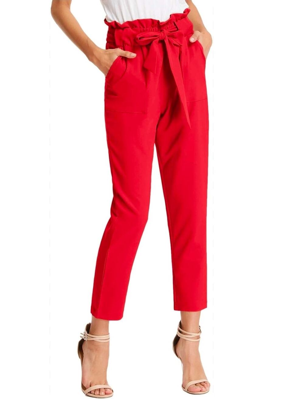 Grace Karin Red Paper Bag Elastic Waist Slim Fit Pants